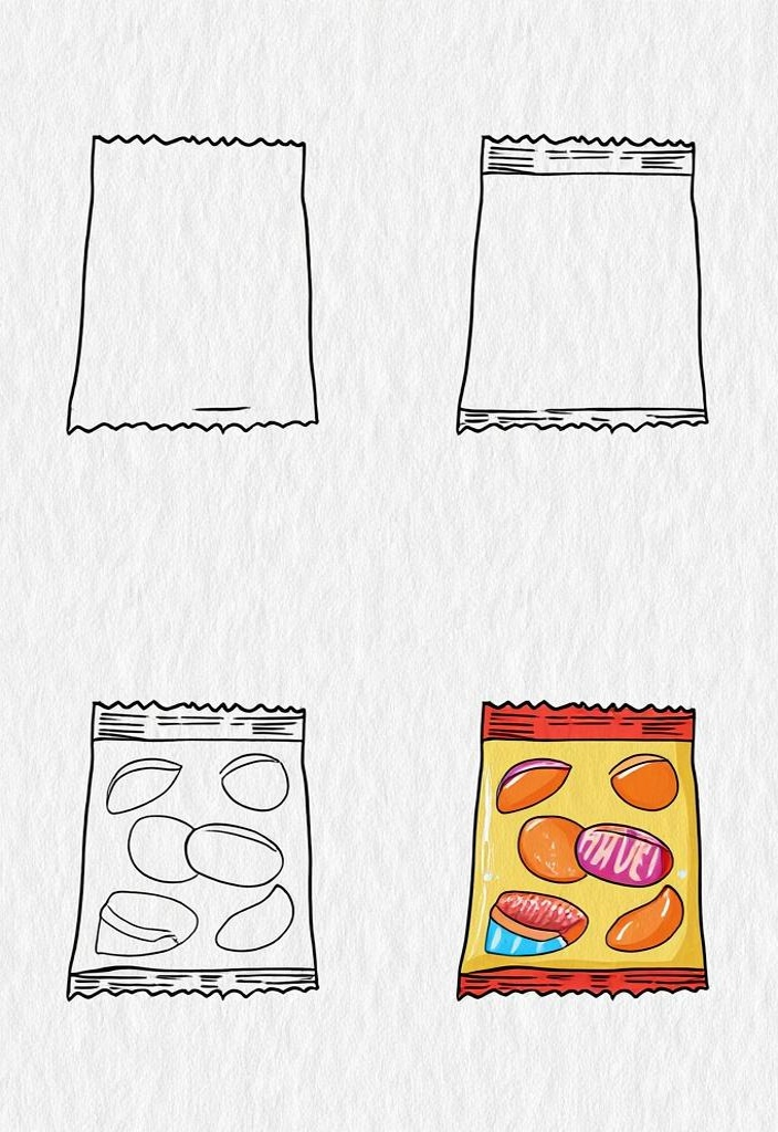 零食包裝袋子簡(jiǎn)筆畫 預(yù)包裝食品的藝術(shù)展現(xiàn)